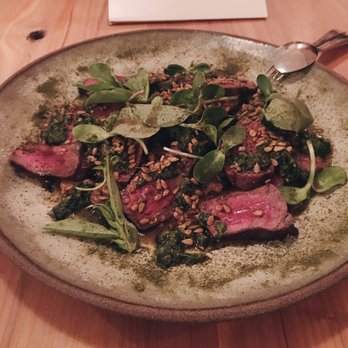 The Progress - Grilled dry aged beef w sunflower seed pesto, buttery meat and amazing sauce! - New American Near Me - San Francisco, California The Progress - Grilled dry aged beef w sunflower seed pesto, buttery meat and amazing sauce! - New American Near Me - San Francisco, California
