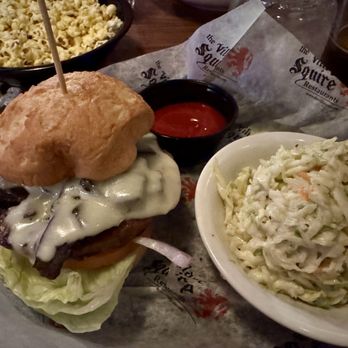 The Village Squire - Mushroom Swiss Burger on gluten free bun - Pizza Near Me - West Dundee, Illinois