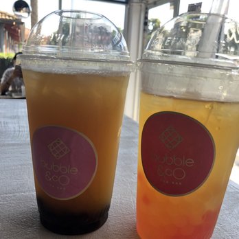 Chilly Bubbles And Co Cafe - Passionfruit Iced Green Tea with Boba (left) & Lychee Green with Popping Boba (right) - Bubble Tea Near Me - Maitland, Florida