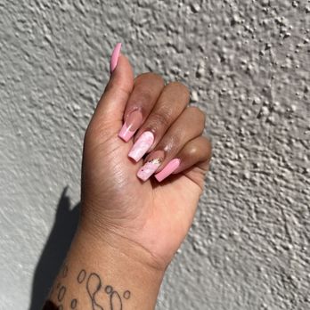 Delite Nails And Spa - Gel X with french tip and pink marble - Nail Salons Near Me - South Gate, California Delite Nails And Spa - Gel X with french tip and pink marble - Nail Salons Near Me - South Gate, California