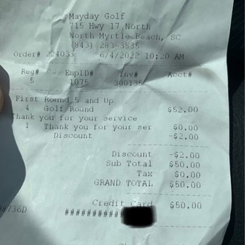 Mayday Golf - Receipt - Mini Golf Near Me - North Myrtle Beach, South Carolina