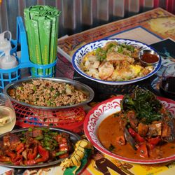 Bangkok Street Thai Street Food - STREET Dish : Crispy Corn Whole Fish, Thai Crispy Seafood Pancake, Traditional Thai Basil, Sweet & Sour fish crisp