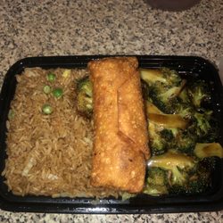 New D&B Chinese - Broccoli With Garlic Sauce and Vegetable Fried Rice and a Shrimp Roll