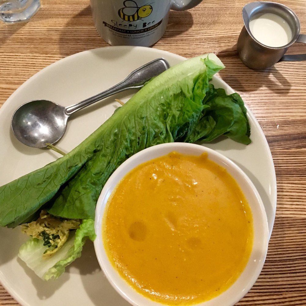 Sleepy Bee Cafe - Blue Ash - Moroccan chicken salad sandwich on a lettuce boat with a side of ginger coconut sweet potato soup. So yummy and filling! - Breakfast & Brunch Near Me - Blue Ash, Ohio Sleepy Bee Cafe - Blue Ash - Moroccan chicken salad sandwich on a lettuce boat with a side of ginger coconut sweet potato soup. So yummy and filling! - Breakfast & Brunch Near Me - Blue Ash, Ohio
