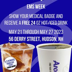 Aroma Joe's - This week Aroma Joe's is celebrating all EMS workers by giving out free 24oz hot/iced drinks with a medical badge as proof!