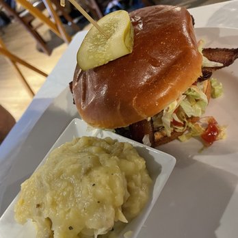 Salt 64 - 6404 Burger with grilled onions, bacon. Yukon gold mashed potatoes - New American Near Me - Oak Island, North Carolina Salt 64 - 6404 Burger with grilled onions, bacon. Yukon gold mashed potatoes - New American Near Me - Oak Island, North Carolina