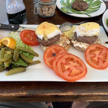 Blue Daisy - Egg Pancake Benedict with Housemade Beef Patty - Creperies Near Me - Santa Monica, California Blue Daisy - Egg Pancake Benedict with Housemade Beef Patty - Creperies Near Me - Santa Monica, California