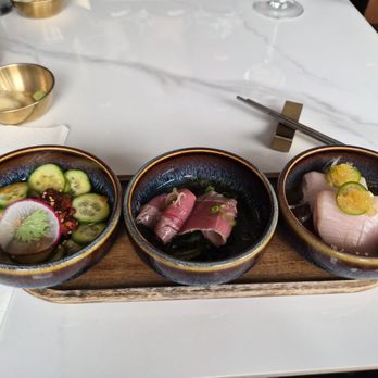 Butterfish Sushi - The Chef Tasting, Course 1 - Cucumber Chili Crunch Salad, Bluefin Tuna Tataki, Sashimi of the Day Ponzu Sauce - Sushi Bars Near Me - Rutherford, New Jersey