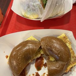 Goldberg's NY Bagels - Spanish omelette on honey wheat bagel