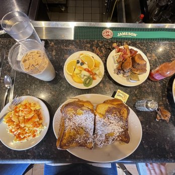 Sound Bites Cafe - Challah French Toast Stuffed with Cream Cheese and Fig Jam and grilled muffin - Breakfast & Brunch Near Me - Somerville, Massachusetts