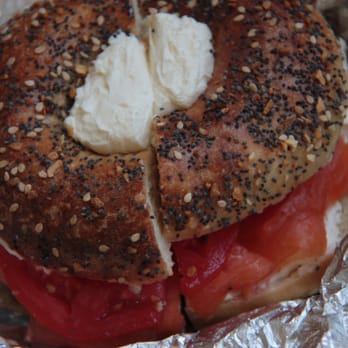 Spread Bagelry - The Classic with lox, cream cheese and heirloom tomato and red onions. Too heavy on the otherwise yummy homemade cream cheese - Breakfast & Brunch Near Me - Philadelphia, Pennsylvania Spread Bagelry - The Classic with lox, cream cheese and heirloom tomato and red onions. Too heavy on the otherwise yummy homemade cream cheese - Breakfast & Brunch Near Me - Philadelphia, Pennsylvania
