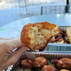 Inside shot of one of the Air-baked Mac & Cheese Balls. So, so good!