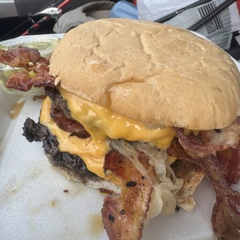 Friar Tuck's - Double cheese burger with bacon and grilled onions.  Car with sliced pickles and condiments on the side - American Near Me - Manitowoc, Wisconsin