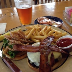 Orchards Grill at OGA Golf Course - Double bogey burger (2 patties, bacon, bleu cheese, etc..). Mirror Pond. Perfect hearty lunch after walking 18.