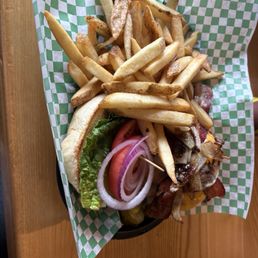 Burger with American cheese, bacon, and fried onions