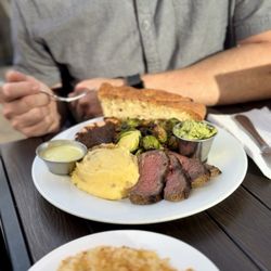 Surf & Turf Plate with Garlic Mashed Potatoes + Roasted Brussels Sprouts. Side of Mac and cheese