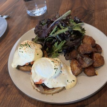 Aziza - Eggs Benedict (w smoked salmon, herb jam, moroccanaise, potatoes, lettuce) - brunch menu - Moroccan Near Me - San Francisco, California Aziza - Eggs Benedict (w smoked salmon, herb jam, moroccanaise, potatoes, lettuce) - brunch menu - Moroccan Near Me - San Francisco, California