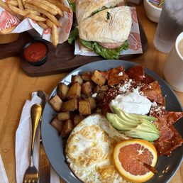 Coffee, lemonade, water, chilaquiles, chicken sandwich Coffee, lemonade, water, chilaquiles, chicken sandwich