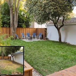 Before (inset) & After.  sod, sprinklers, regrading, setting pavers, rock trim.  Start to finish in 2 days.