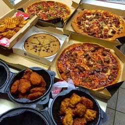Pizza Hut - Supreme, BBQ hamburger, 5 meats custom, waffle fries, honey BBQ boneless, honey Sriracha bone-in, big cookie