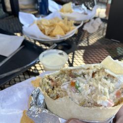 Chicken burrito, chips & queso