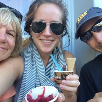 Icekrimski Cafe - Sitting out front, the raspberry sorbet was our favorite! - Ice Cream & Frozen Yogurt Near Me - Davis, California