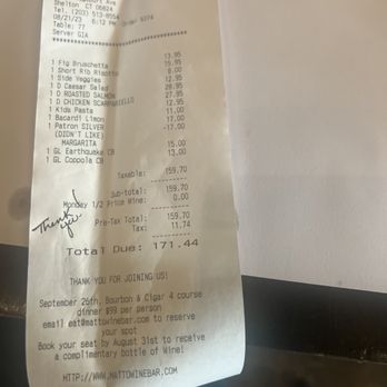 Matto Wine Bar - Total bill for 2 - Wine Bars Near Me - Shelton, Connecticut