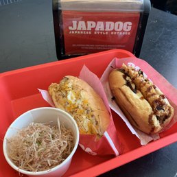 Ebi Tempra (shrimp tempura) and meat lovers dog  Side of takoyaki