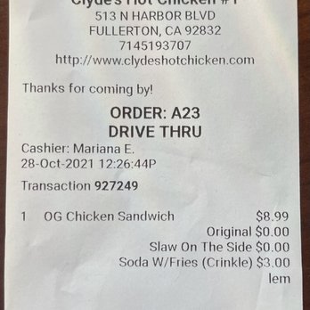 Clyde's Hot Chicken - Receipt of order - Chicken Shop Near Me - Fullerton, California Clyde's Hot Chicken - Receipt of order - Chicken Shop Near Me - Fullerton, California