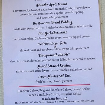 The '76 House - Dessert menu - New American Near Me - Tappan, New York