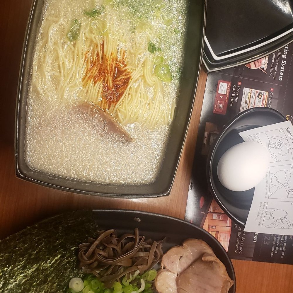 ICHIRAN - Brooklyn - Tonkotsu Ramen in a jubako bowl with their recommended topping set (mushrooms, scallions, seaweed and soft boiled egg with shell) - Ramen Near Me - Brooklyn, New York