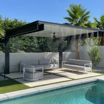 Valley Patios - 4K Aluminum Insulated cantilevered patio cover with misters - Patio Coverings Near Me - Palm Desert, California Valley Patios - 4K Aluminum Insulated cantilevered patio cover with misters - Patio Coverings Near Me - Palm Desert, California