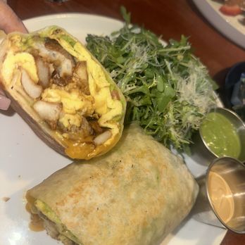 Toast Downey - Breakfast Burrito with turkey sausage links & arugula salad - Breakfast & Brunch Near Me - Downey, California Toast Downey - Breakfast Burrito with turkey sausage links & arugula salad - Breakfast & Brunch Near Me - Downey, California