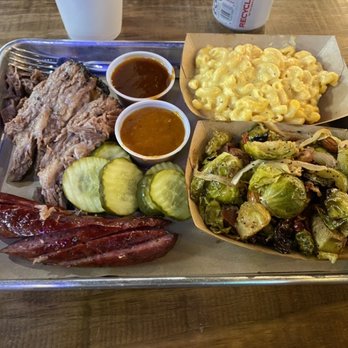 OAK'D BBQ - 2 meat plate: moist brisket, sausage, Mac and cheese, and sprouts. - Barbeque Near Me - Addison, Texas OAK'D BBQ - 2 meat plate: moist brisket, sausage, Mac and cheese, and sprouts. - Barbeque Near Me - Addison, Texas