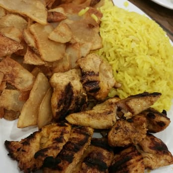 Naf Naf Grill - Chicken skewer plate well done with a side of fries and rice. - Middle Eastern Near Me - Naperville, Illinois
