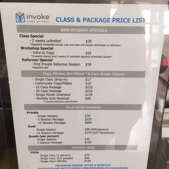 Invoke Yoga & Pilates Studio - Class Price List as of April 2017 - Pilates Near Me - Indianapolis, Indiana