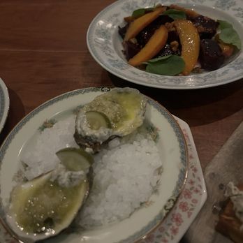 Routier - Oysters, peaches and beets ricotta salad - French Near Me - San Francisco, California Routier - Oysters, peaches and beets ricotta salad - French Near Me - San Francisco, California