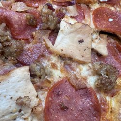 Walmart brand bought pepperoni, chicken was thin and dry like lunch meat. Sausage was rubber.