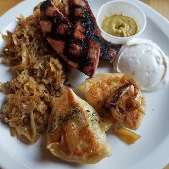 MIAZGA’S - Kielbasa platter with potato cheese pierogis, great dish!!! - Burgers Near Me - Jackson, Wyoming MIAZGA’S - Kielbasa platter with potato cheese pierogis, great dish!!! - Burgers Near Me - Jackson, Wyoming