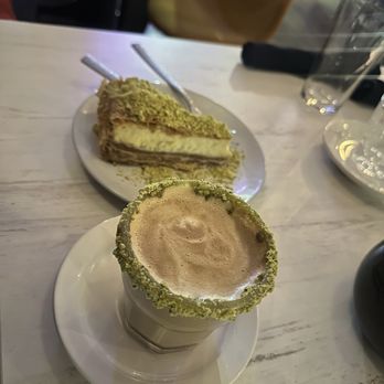 Mood Restaurant & Cafe - Pistachio latte and baklava cheesecake - Coffee & Tea Near Me - Boston, Massachusetts