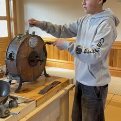 Craigdarroch Castle - How they shined up the silver knives! So fun to try it out. This is the kitchen area where you can see the types of kitchen tools they used!