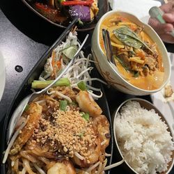 House of Thai Taste - Roasted duck curry & N1. Pad Thai Noodle and V9. Spicy Basil Eggplant with Tofueggplant