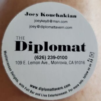 The Diplomat Eatery and Tavern - Business Card Info - Mediterranean Near Me - Monrovia, California The Diplomat Eatery and Tavern - Business Card Info - Mediterranean Near Me - Monrovia, California