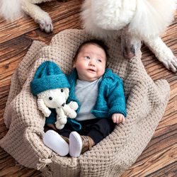 Muschlitz Photography - A baby and his pet poodle during a baby portrait session in the studio.