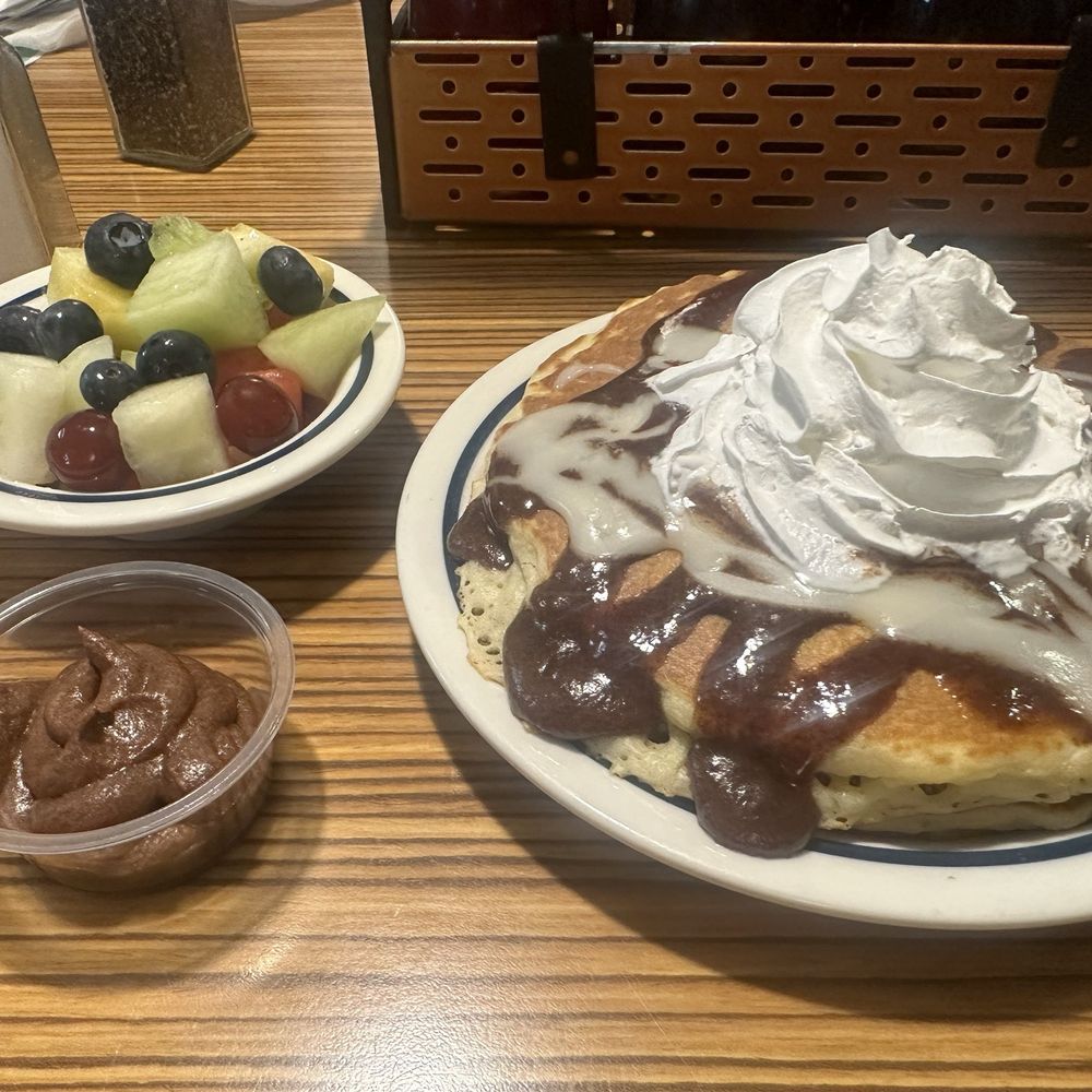 IHOP - Cinnabon pancakes. Fruit     Extra cinnamon dip on side - Breakfast & Brunch Near Me - Woodbridge, Virginia