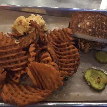 Dead End BBQ - Dr. H's Chick'n Cheddar sandwich with waffle fries and a sample of the mac n cheese. - Barbeque Near Me - Knoxville, Tennessee Dead End BBQ - Dr. H's Chick'n Cheddar sandwich with waffle fries and a sample of the mac n cheese. - Barbeque Near Me - Knoxville, Tennessee