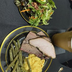 Timmy Jon's BBQ - Barbecue brisket, barbecued turkey, macaroni and cheese, fresh green beans, and a salad.