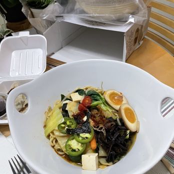 Aodake Ramen - Spicy vegetable ramen, with egg, ordered as carryout and transferred to ramen bowl at home. - Ramen Near Me - La Grange, Illinois