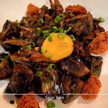 Costera - Mixed Roasted Mushrooms with Sourdough Croutons and Warm Egg Yolk - Spanish Near Me - New Orleans, Louisiana Costera - Mixed Roasted Mushrooms with Sourdough Croutons and Warm Egg Yolk - Spanish Near Me - New Orleans, Louisiana