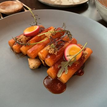 jeong - tteokbokki --  schmaltz. pickled mustard. quail egg. charred cabbage. spicy chili sauce - Korean Near Me - Chicago, Illinois